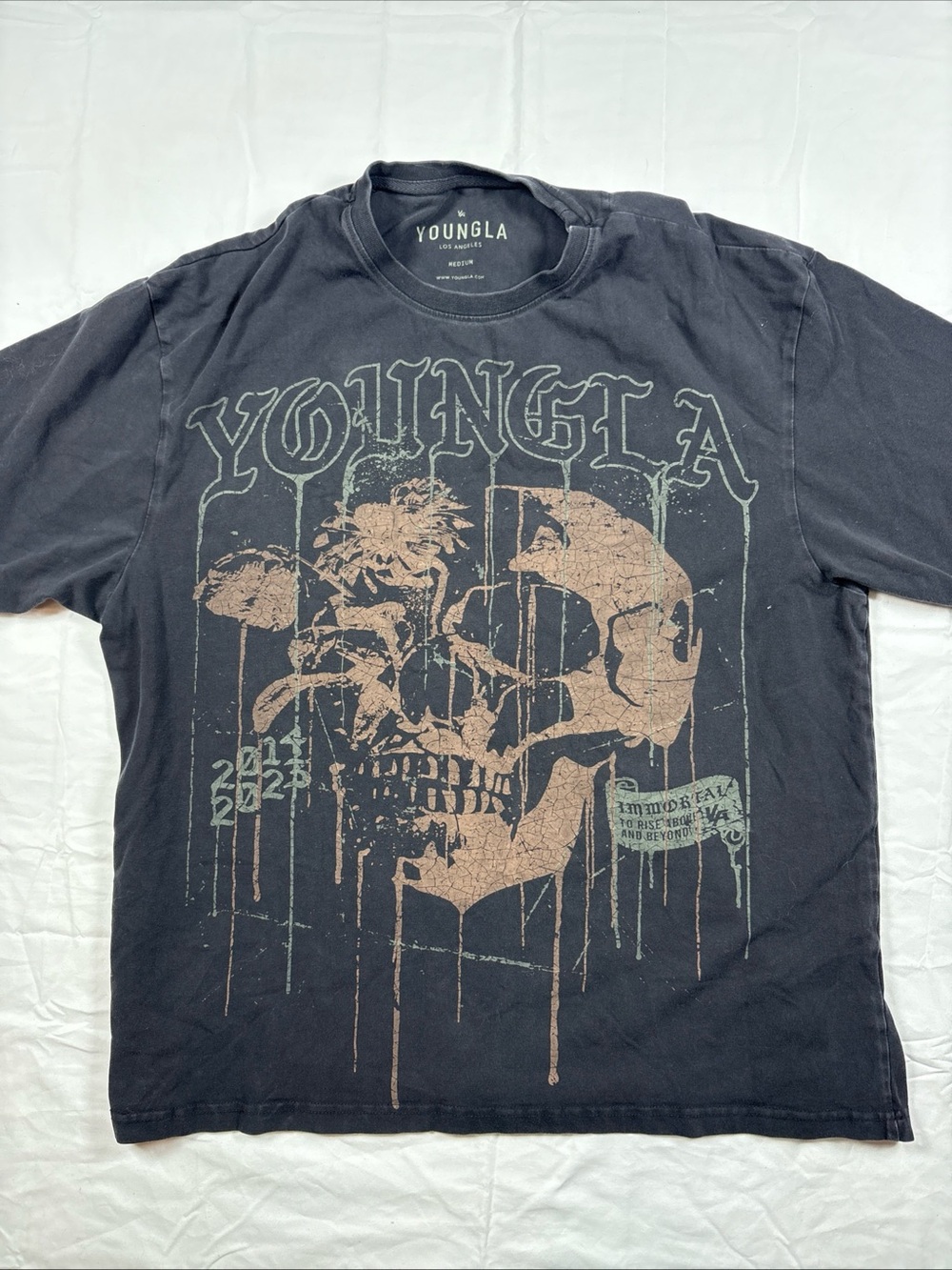YoungLA Black Short-Sleeve Graphic Skull Tee with Tan & Faded Green Print